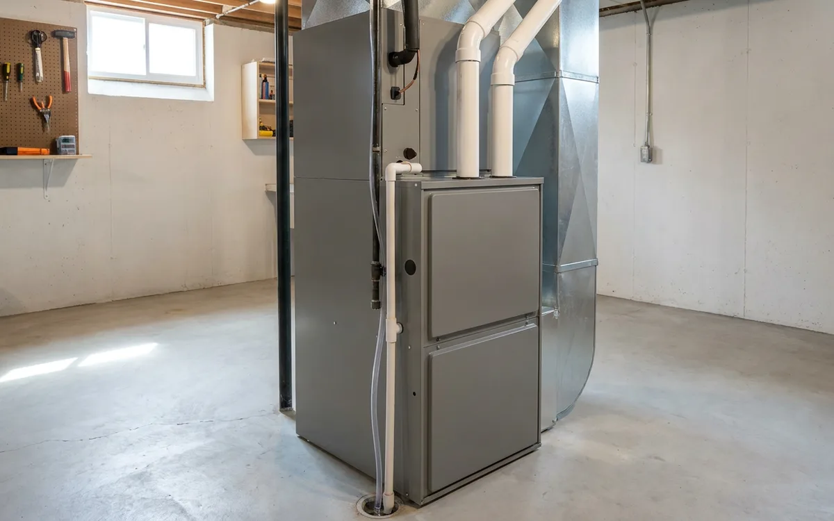 High-efficiency furnace with plain PVC venting in a utility room