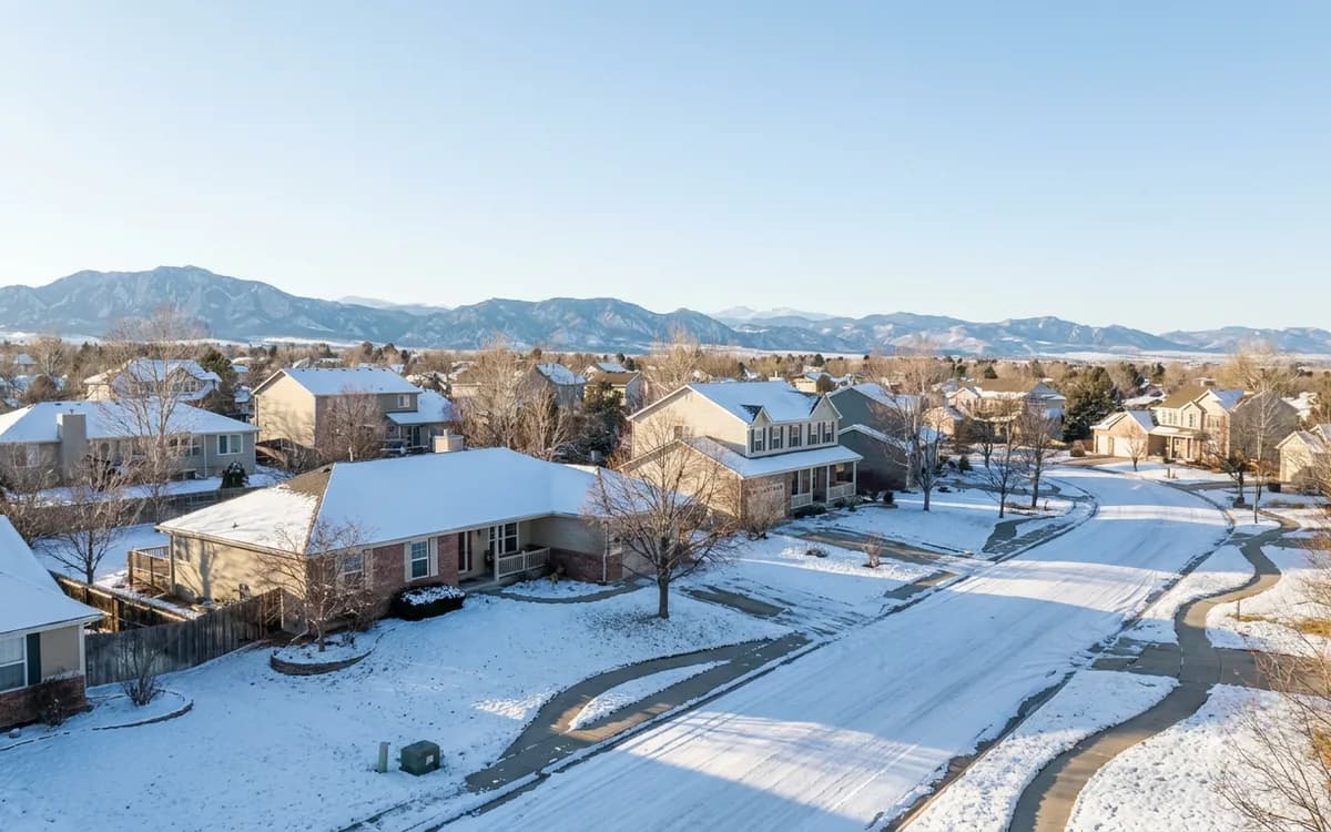 Snow-covered Denver-metro-style neighborhood with distant foothills