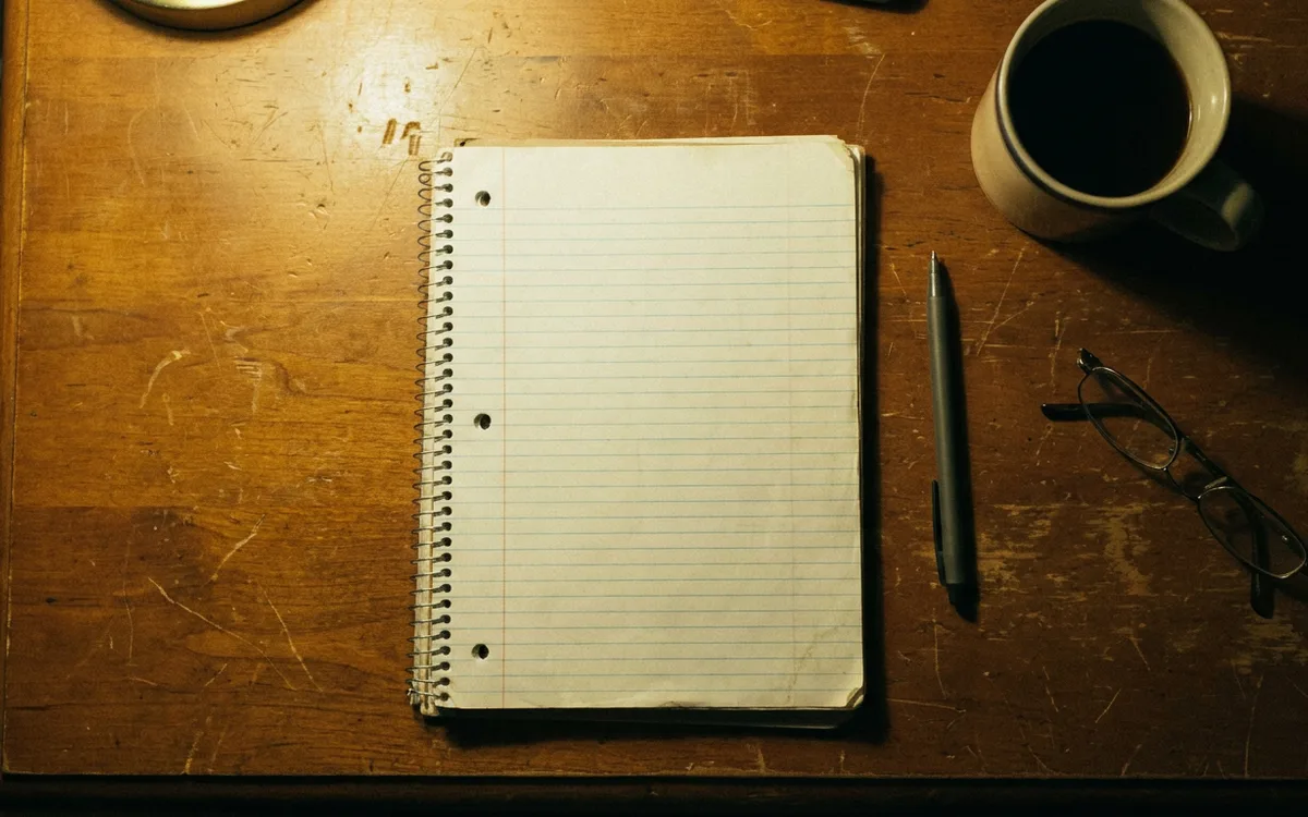 Blank ruled notepad, pen, mug and reading glasses on a wooden desk