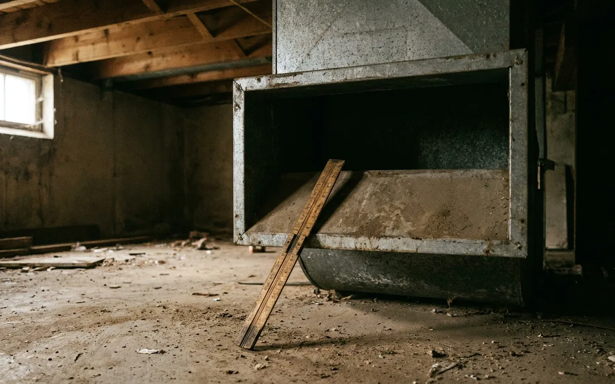 Folding ruler propped against a sheet metal return duct opening in a basement